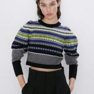 ZARA NEW WOMAN JACQUARD KNIT SWEATER PUFF SLEEVES CROPPED Size M NWT